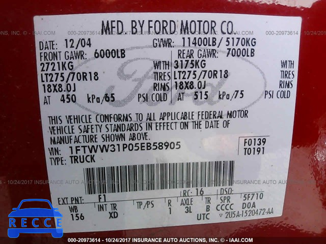 2005 Ford F350 SRW SUPER DUTY 1FTWW31P05EB58905 image 8