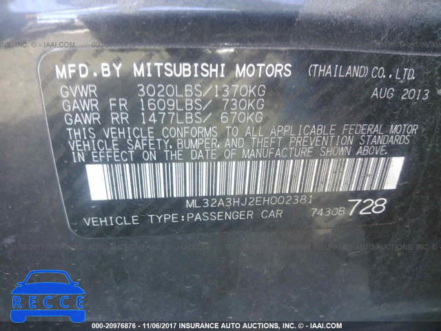 2014 Mitsubishi Mirage DE ML32A3HJ2EH002381 Bild 8