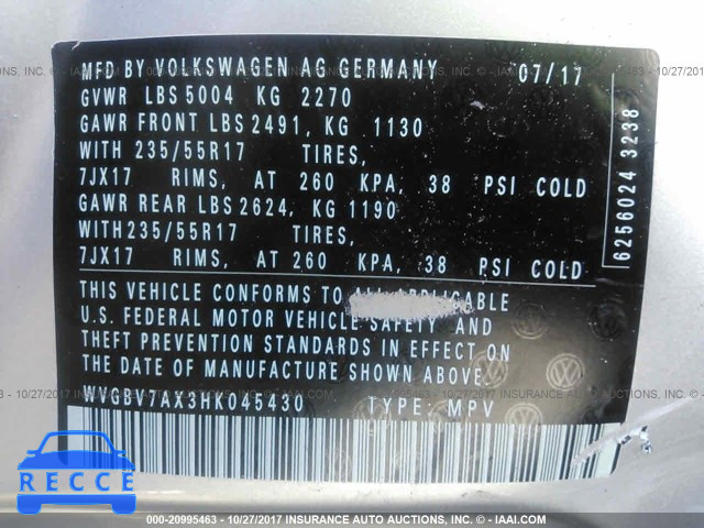 2017 VOLKSWAGEN TIGUAN S/LIMITED WVGBV7AX3HK045430 зображення 8
