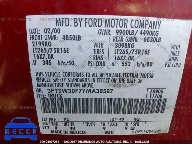 2000 Ford F350 SRW SUPER DUTY 3FTSW30F7YMA38587 image 8
