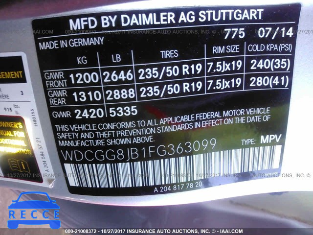 2015 Mercedes-benz GLK 350 4MATIC WDCGG8JB1FG363099 зображення 8
