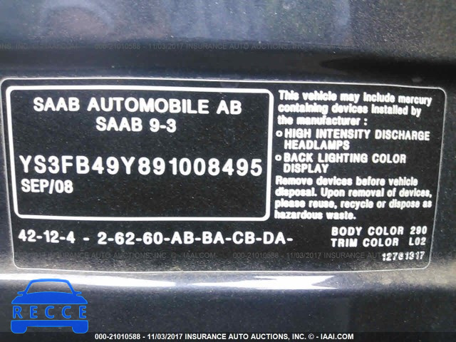 2009 Saab 9-3 2.0T YS3FB49Y891008495 зображення 8