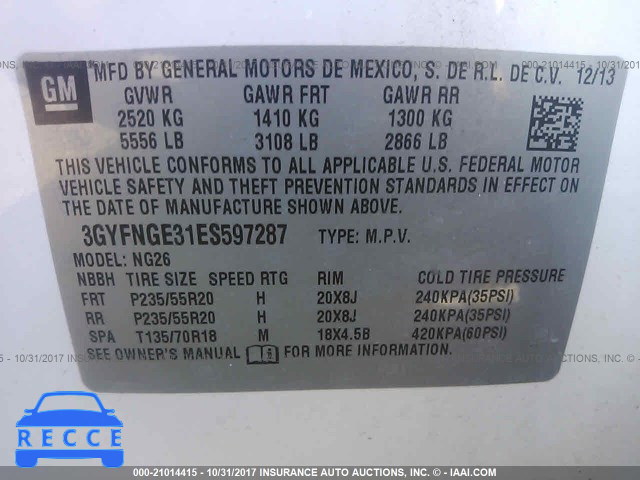2014 Cadillac SRX PREMIUM COLLECTION 3GYFNGE31ES597287 зображення 8