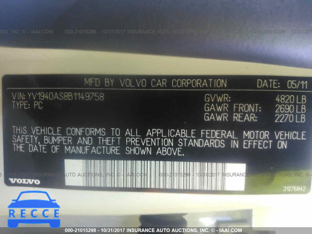 2011 Volvo S80 3.2 YV1940AS8B1149758 image 8