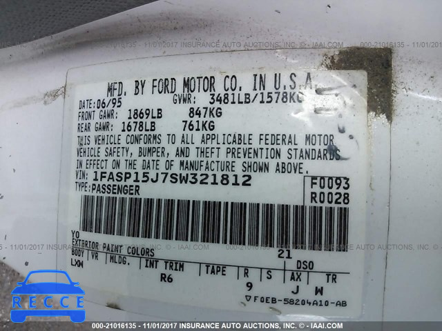 1995 Ford Escort LX/SPORT 1FASP15J7SW321812 зображення 8