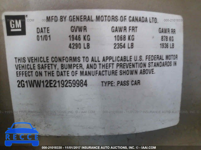 2001 Chevrolet Monte Carlo LS 2G1WW12E219259984 image 8