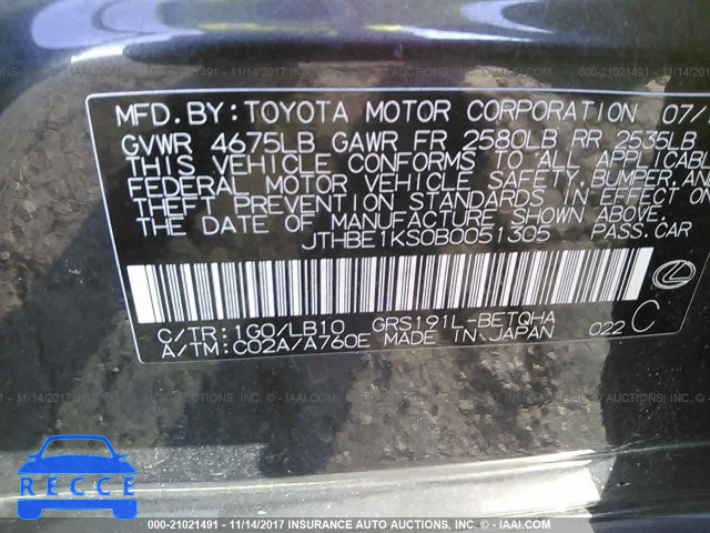 2011 Lexus GS 350 JTHBE1KS0B0051305 image 8