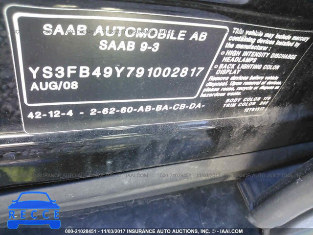 2009 Saab 9-3 2.0T YS3FB49Y791002817 зображення 8