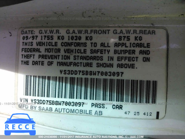 1998 Saab 900 S YS3DD75B8W7003097 image 8