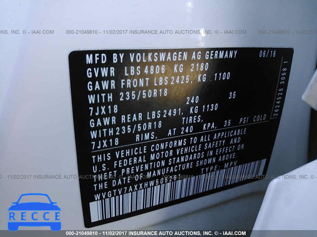 2017 VOLKSWAGEN TIGUAN SPORT WVGTV7AXXHW505261 image 8
