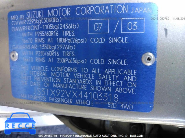 2004 Suzuki XL7 EX/LX JS3TX92VX44103318 image 8