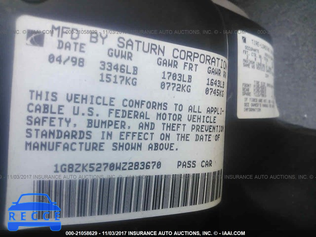 1998 Saturn SL2 1G8ZK5270WZ283670 image 8