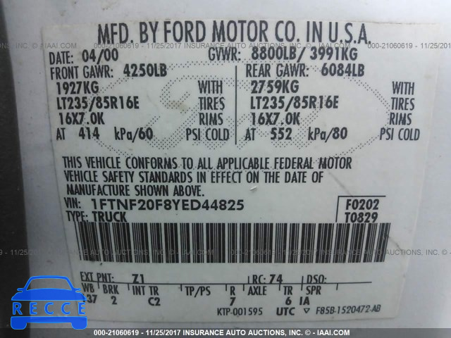 2000 Ford F250 SUPER DUTY 1FTNF20F8YED44825 зображення 8