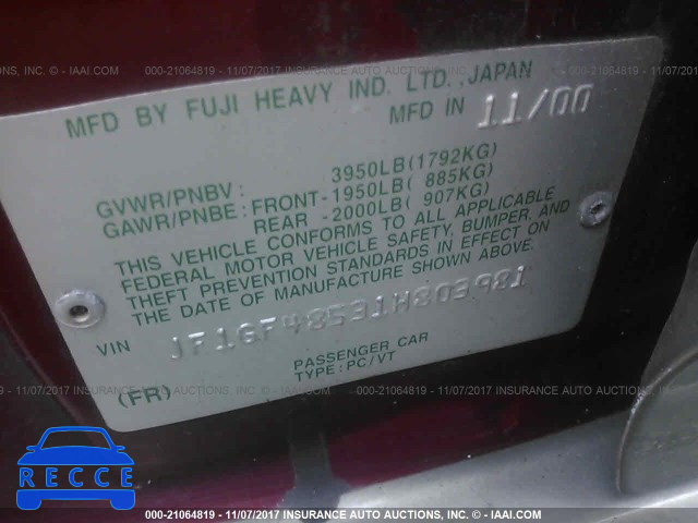 2001 Subaru Impreza OUTBACK SPORT JF1GF48531H803981 image 8