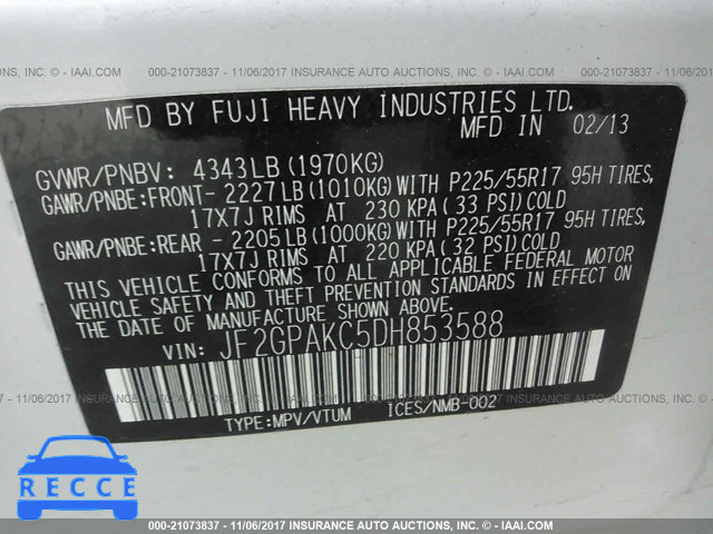 2013 SUBARU XV CROSSTREK 2.0 LIMITED JF2GPAKC5DH853588 зображення 8