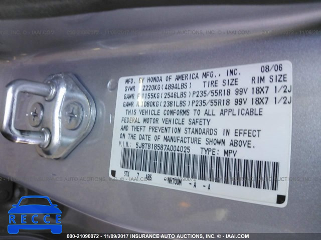 2007 Acura RDX TECHNOLOGY 5J8TB18587A004025 зображення 8