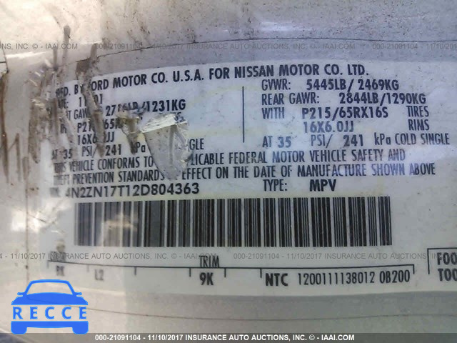 2002 Nissan Quest GLE 4N2ZN17T12D804363 Bild 8