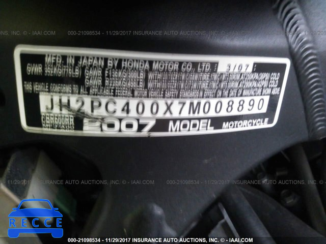 2007 Honda CBR600 RR JH2PC400X7M008890 зображення 9