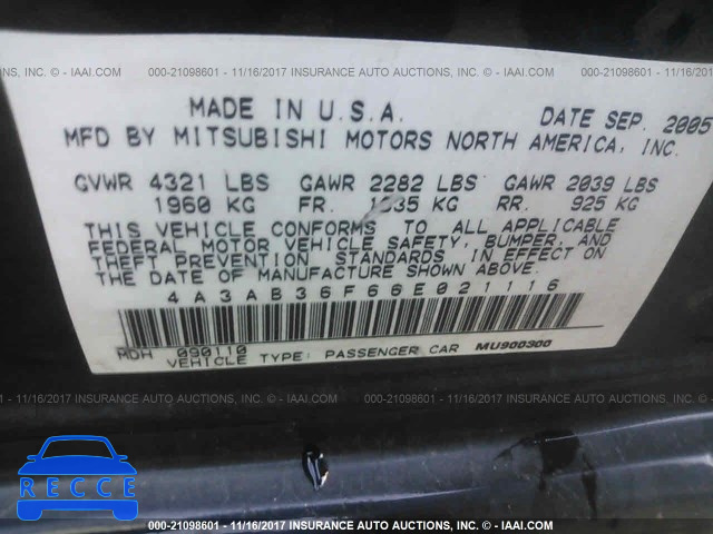 2006 Mitsubishi Galant ES MEDIUM/LS MEDIUM 4A3AB36F66E021116 image 8