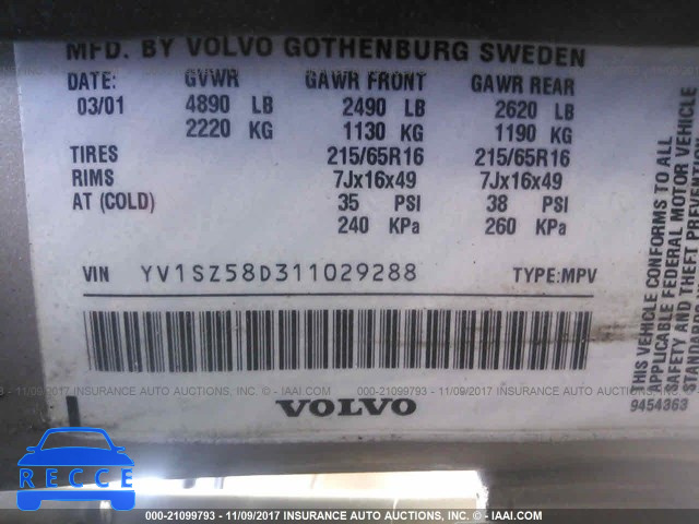 2001 Volvo V70 XC YV1SZ58D311029288 Bild 8