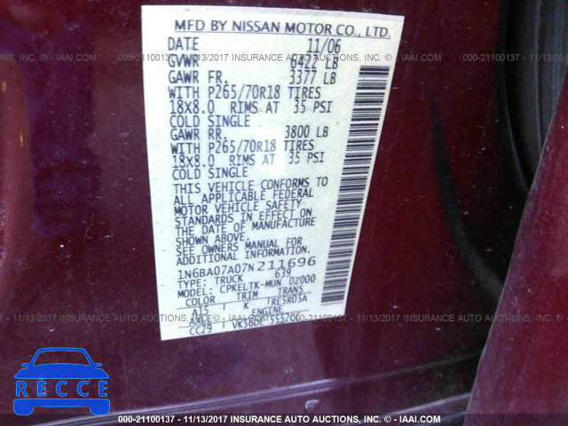 2007 Nissan Titan XE/SE/LE 1N6BA07A07N211696 image 8