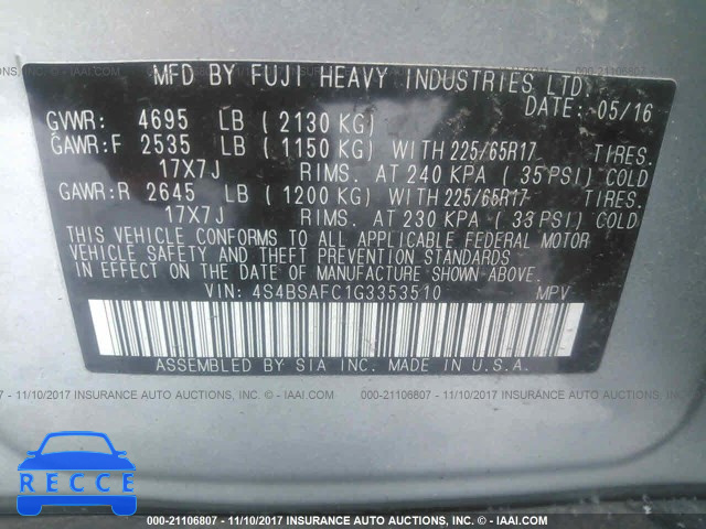 2016 Subaru Outback 2.5I PREMIUM 4S4BSAFC1G3353510 image 8