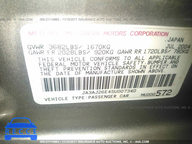 2005 Mitsubishi Lancer ES JA3AJ26E45U007340 Bild 8