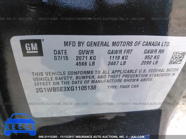 2016 Chevrolet Impala Limited LT 2G1WB5E3XG1105138 зображення 8