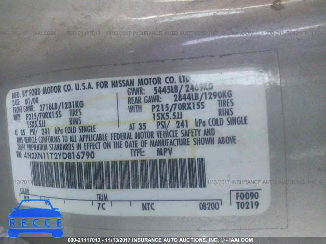 2000 NISSAN QUEST SE/GLE/GXE 4N2XN11T2YD816790 image 8