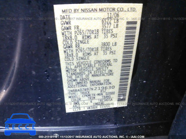 2007 Nissan Titan XE/SE/LE 1N6BA07B97N219630 image 8