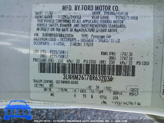 2008 Lincoln MKZ 3LNHM26T78R632036 Bild 8