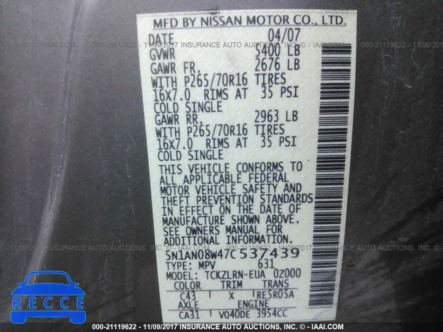 2007 Nissan Xterra OFF ROAD/S/SE 5N1AN08W47C537439 Bild 8