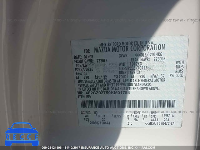 2009 MAZDA TRIBUTE I 4F2CZ02759KM01784 image 8