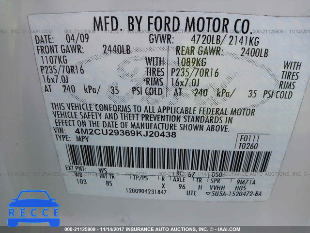 2009 Mercury Mariner HYBRID 4M2CU29369KJ20438 image 8