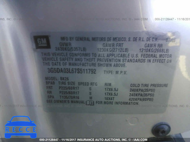 2007 Buick Rendezvous CX/CXL 3G5DA03L67S511792 image 8