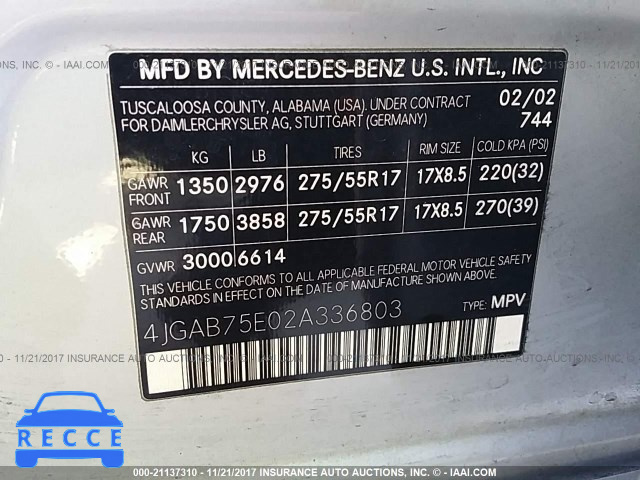 2002 Mercedes-benz ML 500 4JGAB75E02A336803 image 8