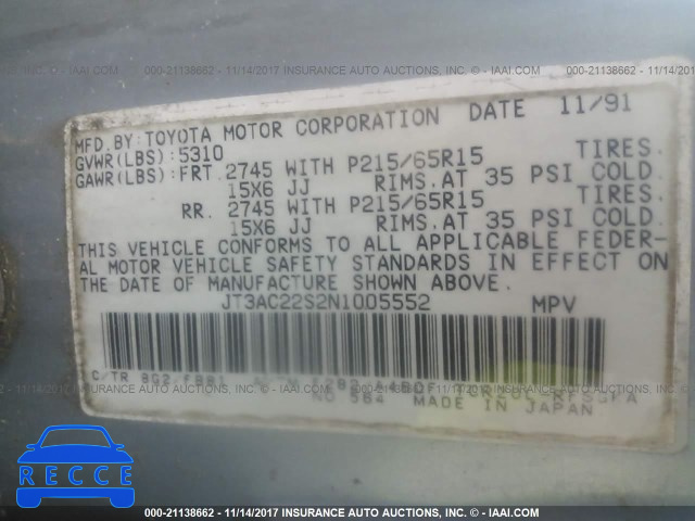 1992 Toyota Previa LE JT3AC22S2N1005552 image 8