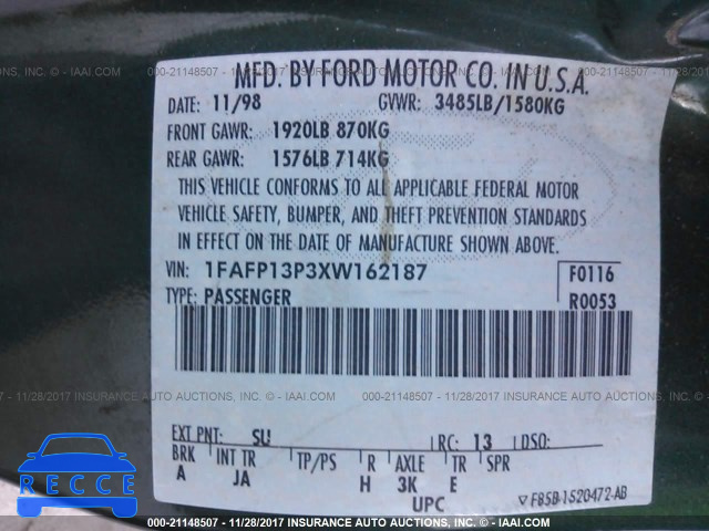 1999 Ford Escort SE 1FAFP13P3XW162187 image 8