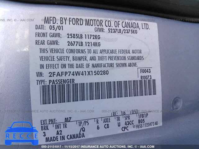 2001 Ford Crown Victoria LX 2FAFP74W41X150280 image 8