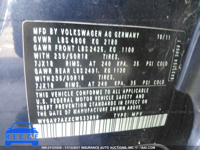 2012 Volkswagen Tiguan S/SE/SEL WVGAV7AXXCW533898 image 8