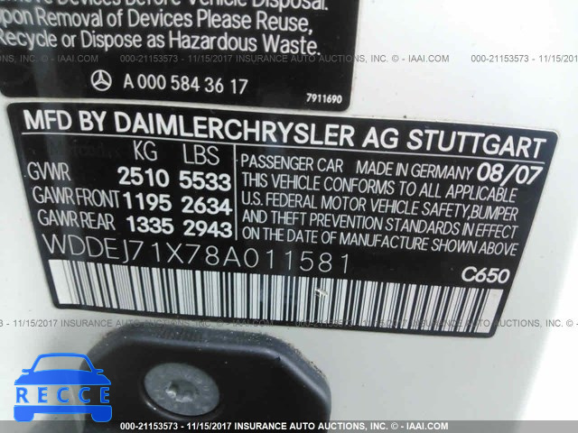 2008 Mercedes-benz CL 550 WDDEJ71X78A011581 image 8