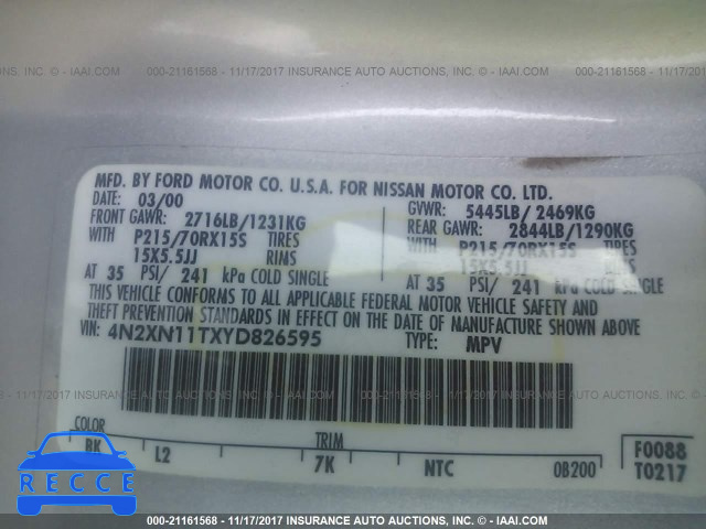 2000 Nissan Quest SE/GLE/GXE 4N2XN11TXYD826595 image 8