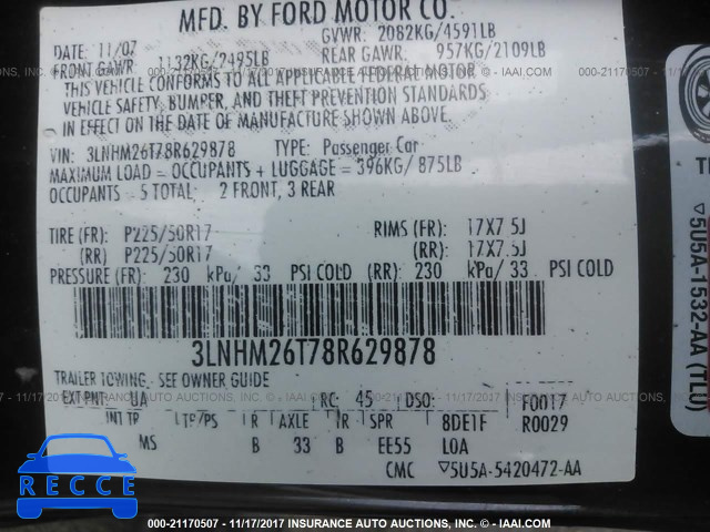 2008 Lincoln MKZ 3LNHM26T78R629878 Bild 8