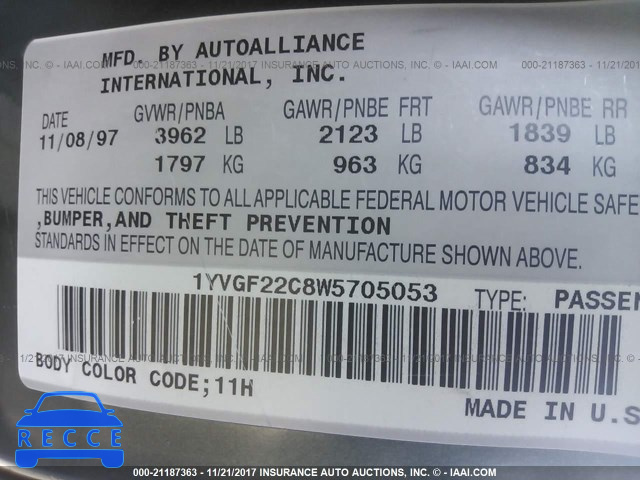 1998 Mazda 626 DX/LX 1YVGF22C8W5705053 image 8