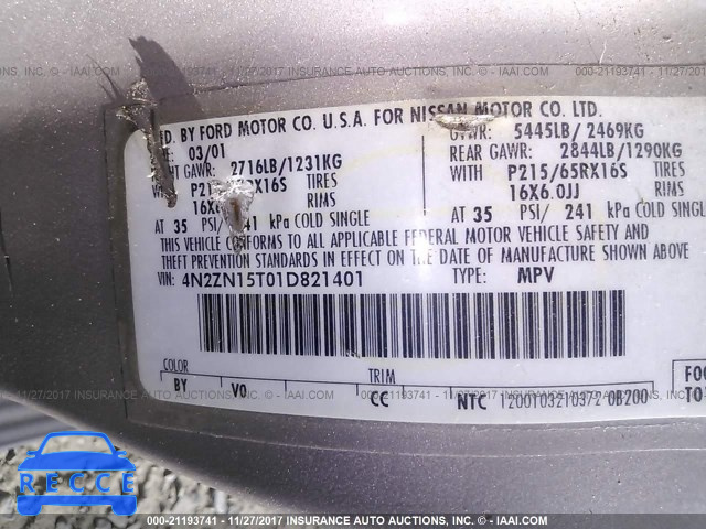 2001 Nissan Quest GXE 4N2ZN15T01D821401 image 8