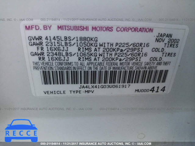 2003 Mitsubishi Outlander XLS JA4LX41G03U061917 image 8
