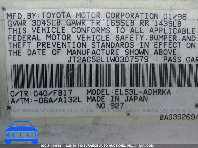 1998 TOYOTA TERCEL CE JT2AC52L1W0307579 image 8