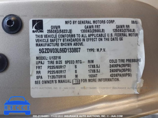 2006 Saturn Relay 2 5GZDV03L66D133807 зображення 8