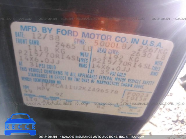 1989 Ford Aerostar 1FMCA11U2KZA96578 image 8