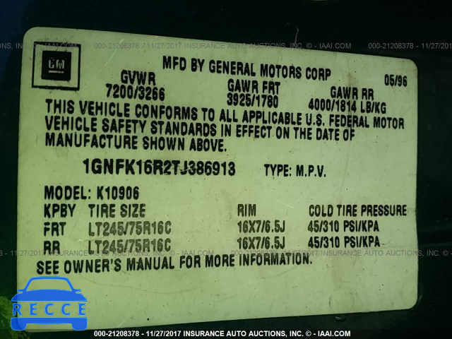 1996 CHEVROLET SUBURBAN 1GNFK16R27J386913 Bild 8